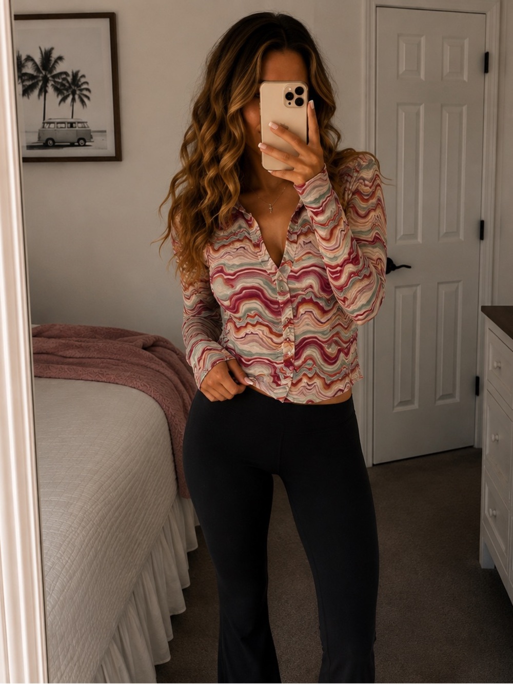 Wavy Print Button-Down Shirt in Multi Pink ā Women's Long Sleeve Top small